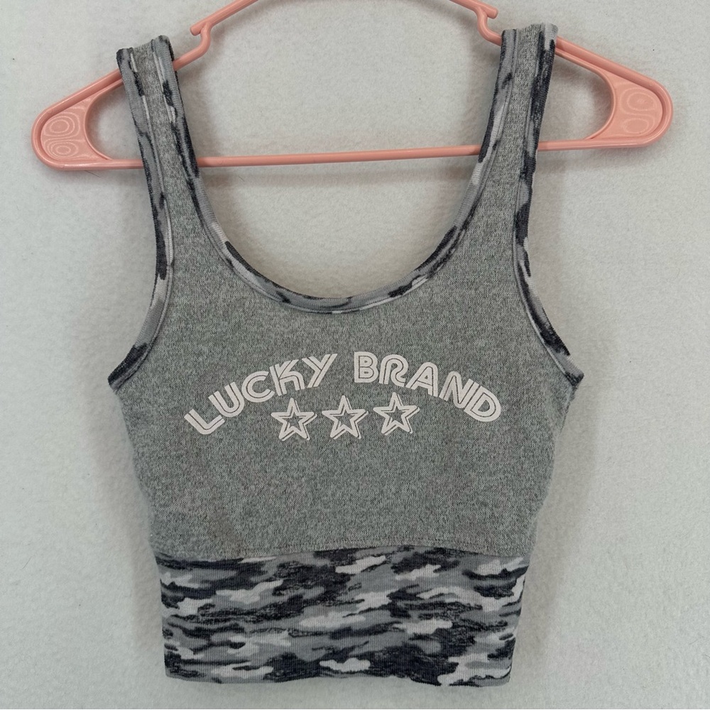 Lucky Brand Camo Cropped Tank Top Star Logo Womens Medium Grey